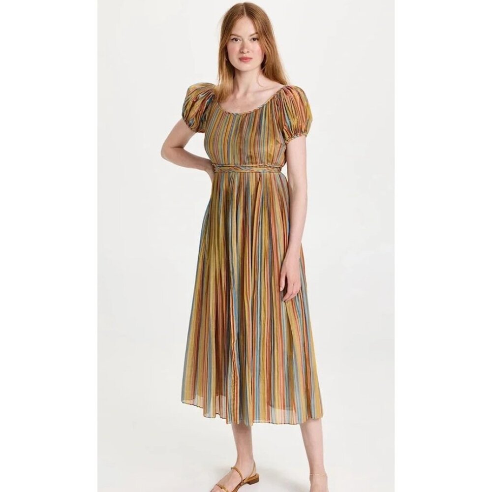 Tory Burch multi stripe puff sleeve cotton silk pleated dress